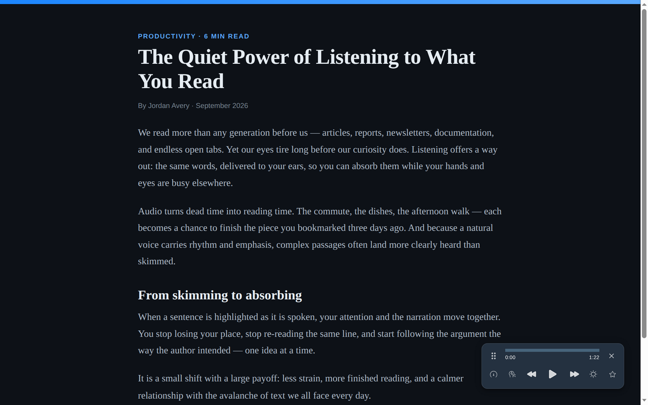 Vocalize reading an article aloud in Chrome — the in-page player shows controls and progress, with live sentence highlighting.