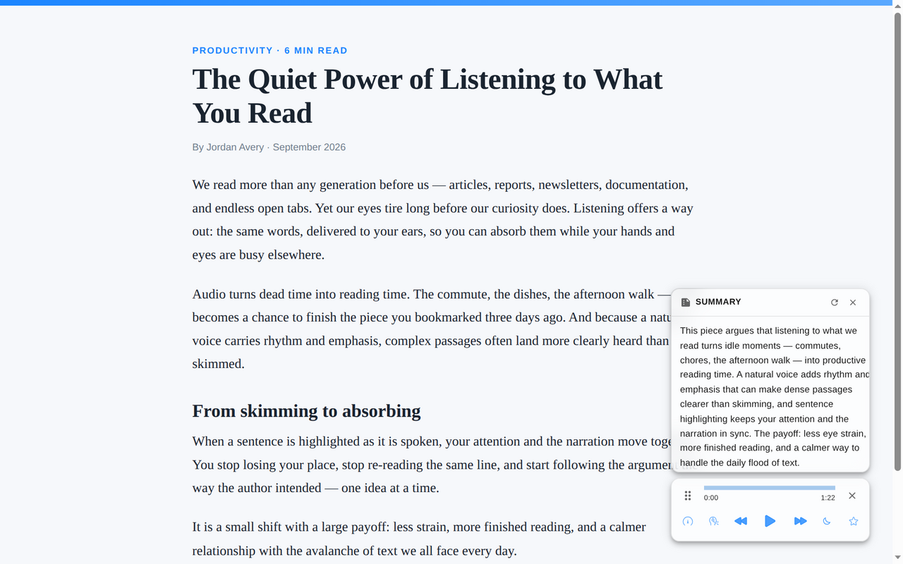 Vocalize showing an AI-generated summary panel beside the article it is reading.